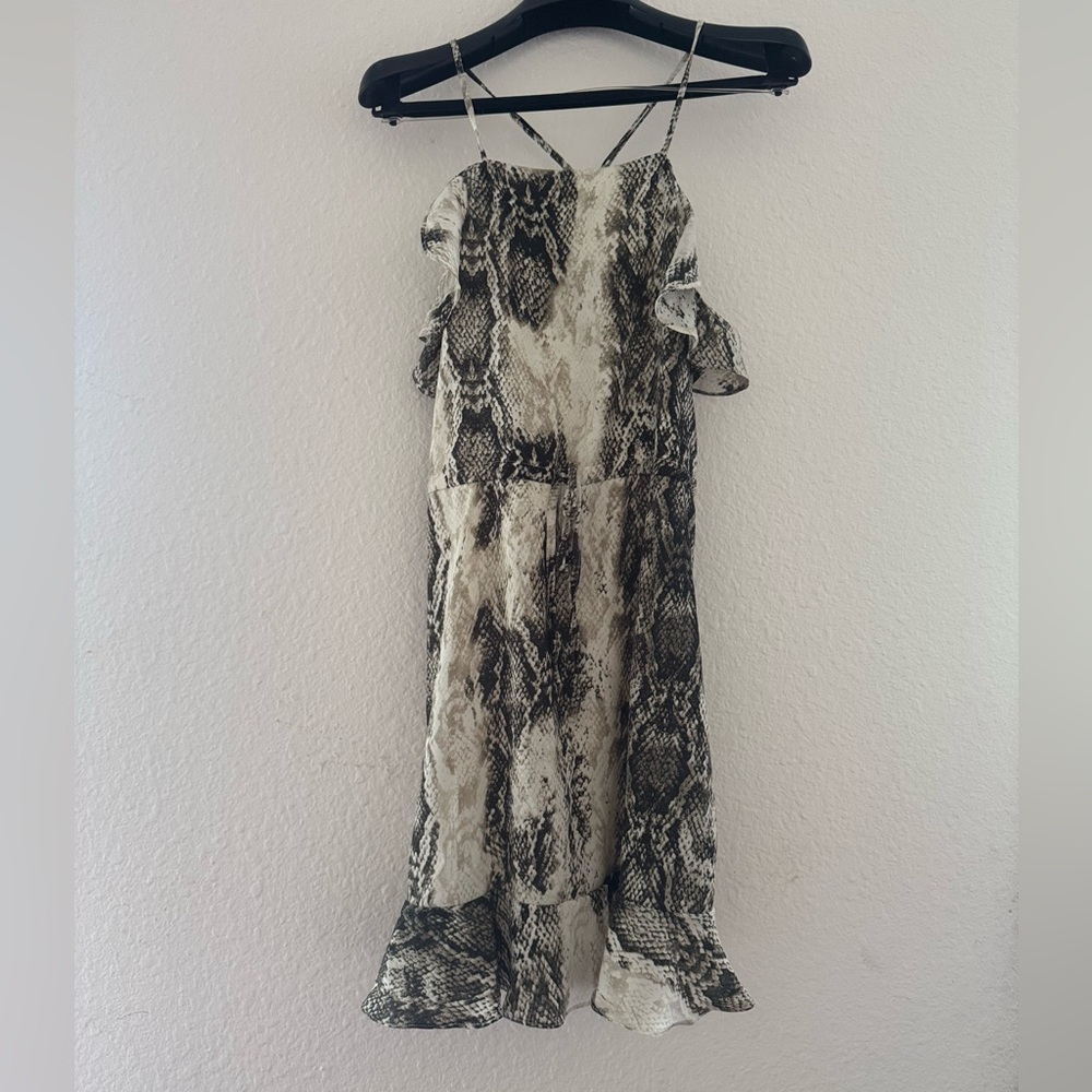 Snakeskin ruffle spaghetti racerback strap mini dress